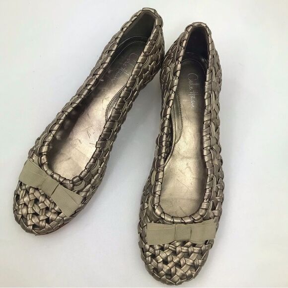Cole Haan Nike Air Gold Woven Flats with Bow Tie Toe - Picture 1 of 10
